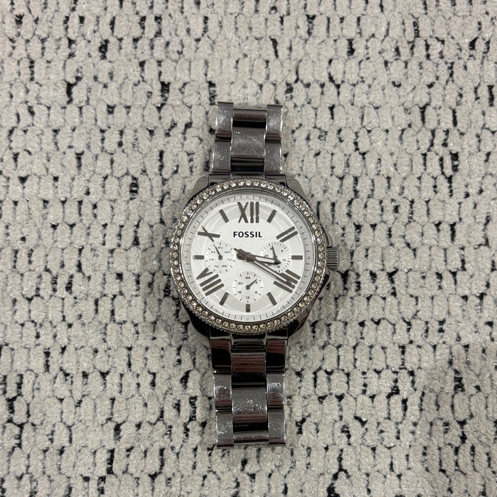 Fossil Silver-Tone Watch with Crystal Accent